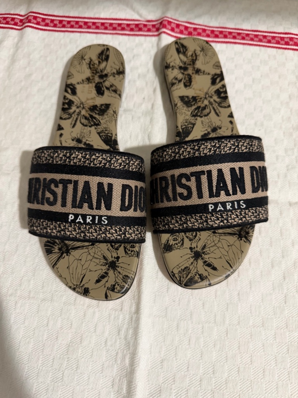 Dior Beige Footbed with Black Toe Cap Logo Slides